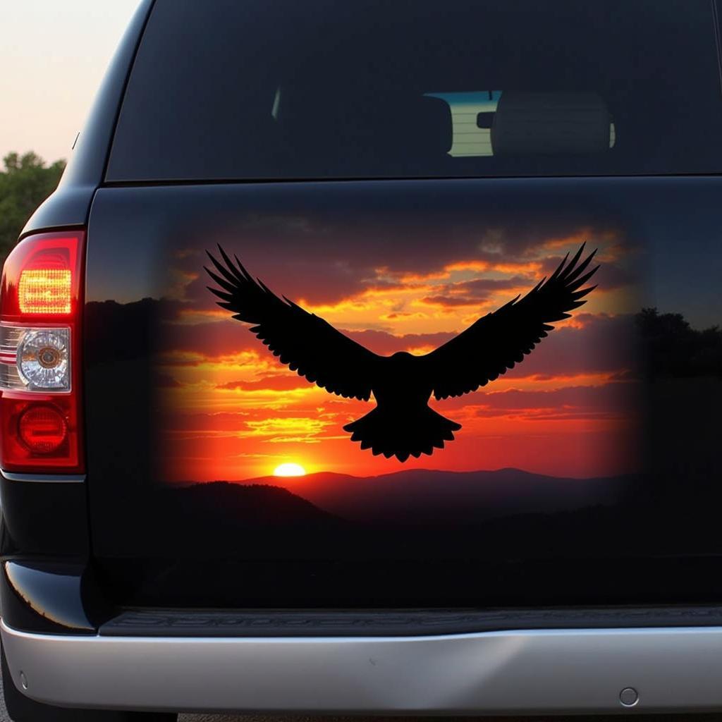 Car decal featuring an eagle soaring in front of a setting sun