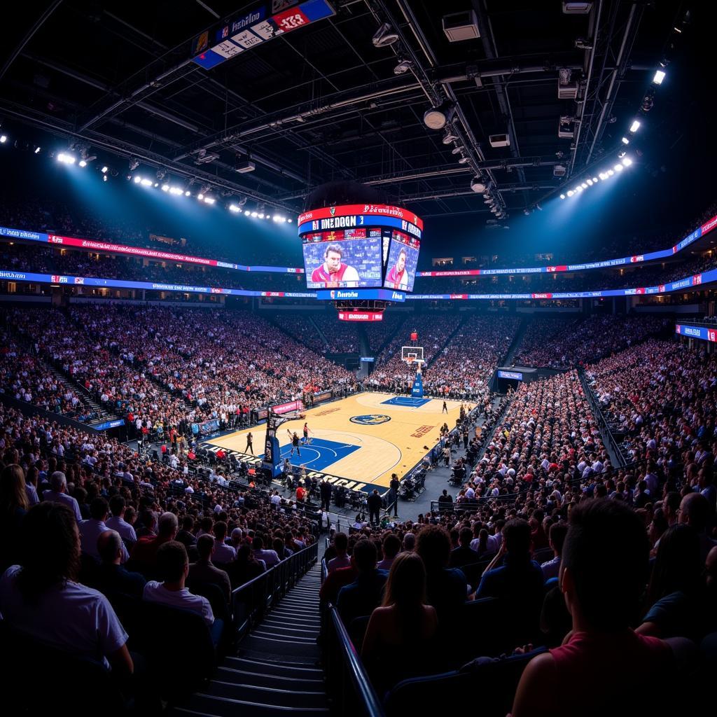 Panoramic view of a packed NBA Arena