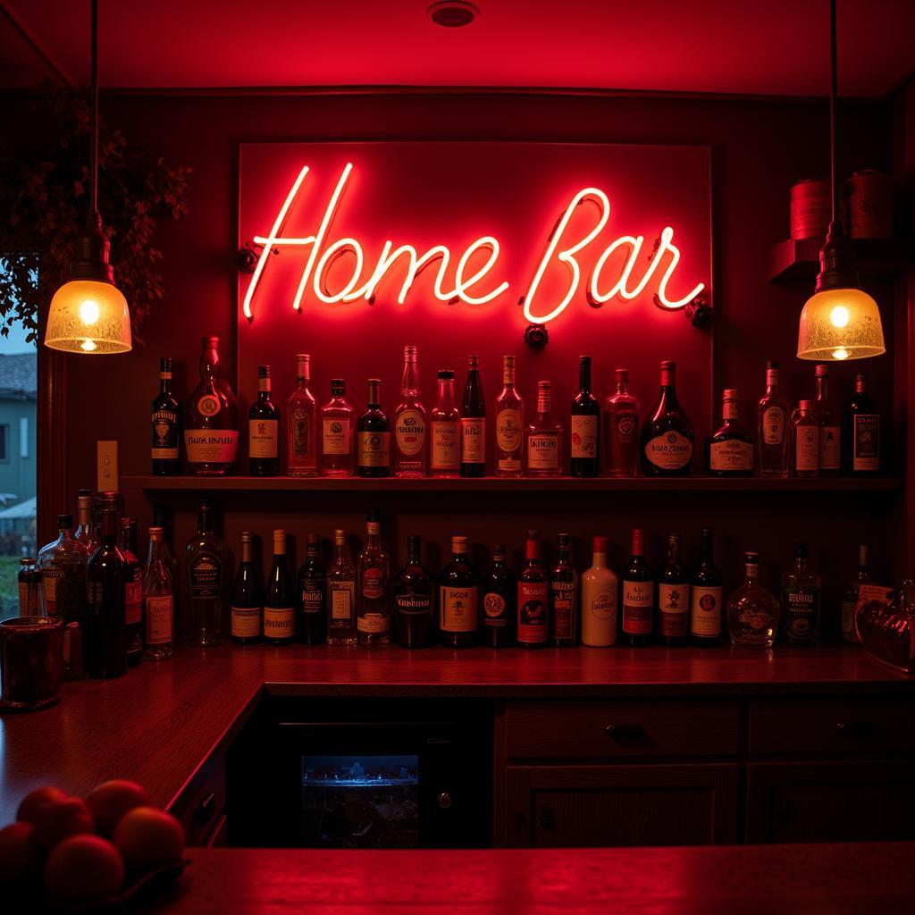 Neon Bar Sign Illuminating a Home Bar