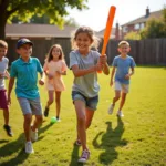 Kids playing Nerf baseball in the backyard