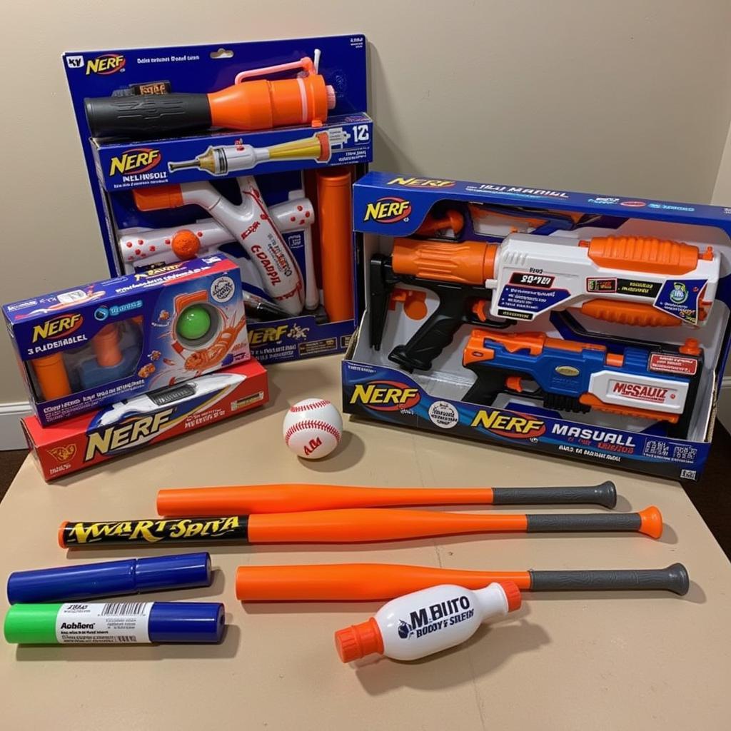 Different types of Nerf baseball bats and balls displayed on a table.