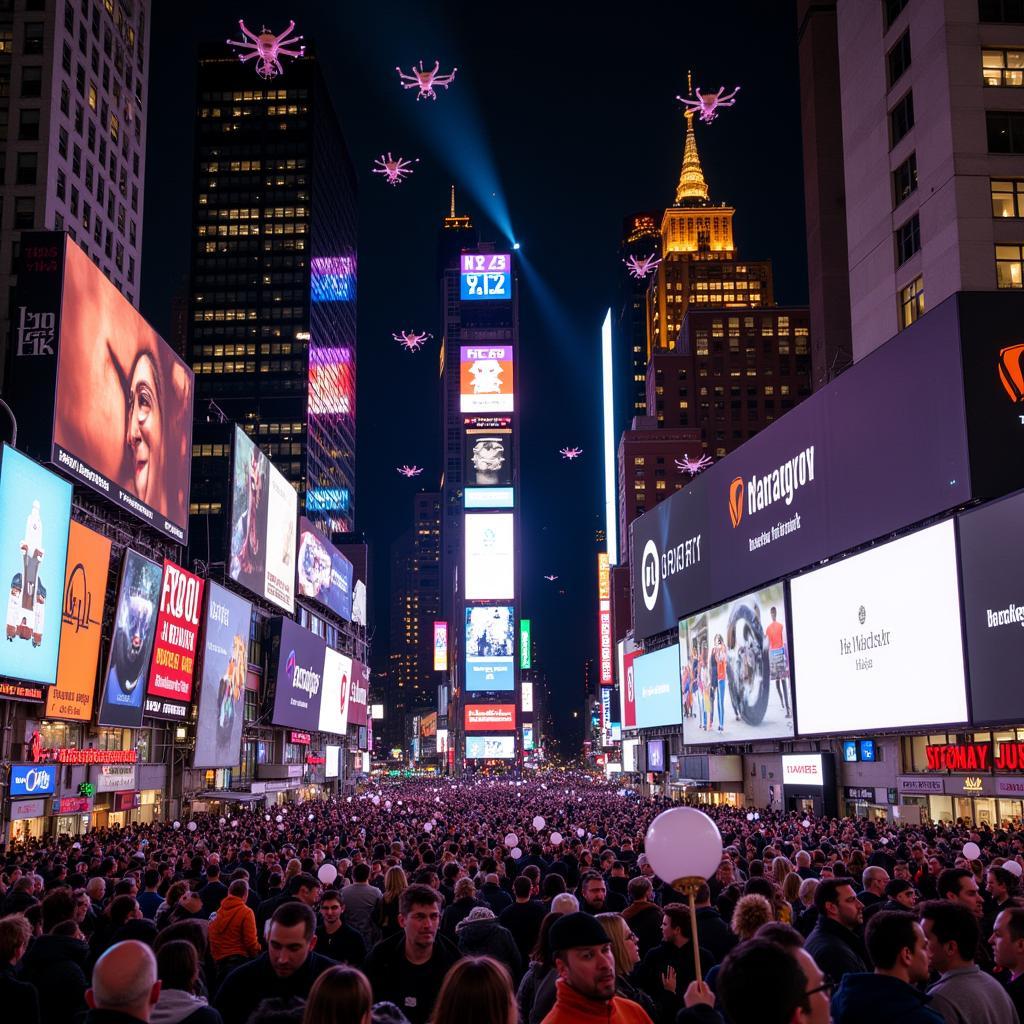 A spectacular New Year's Eve celebration with a drone show illuminating the sky above Times Square in New York City