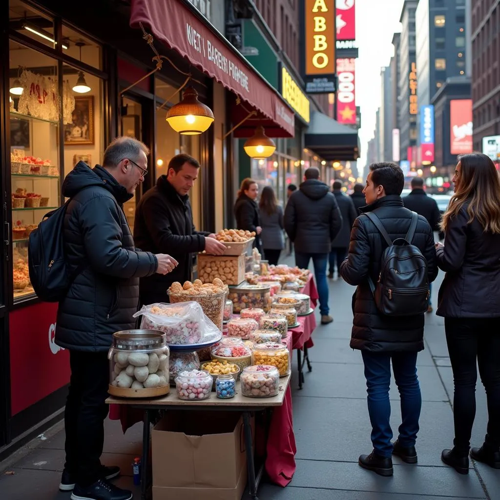 A New York City street vendor engaging with tourists