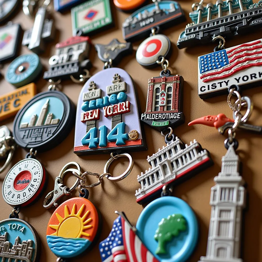 A collection of New York City themed magnets and keychains