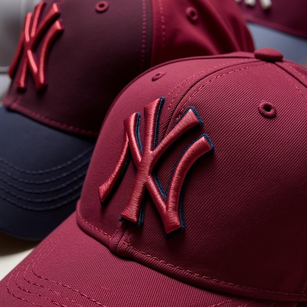 Close-up of different materials used for New York Yankees hats in burgundy.