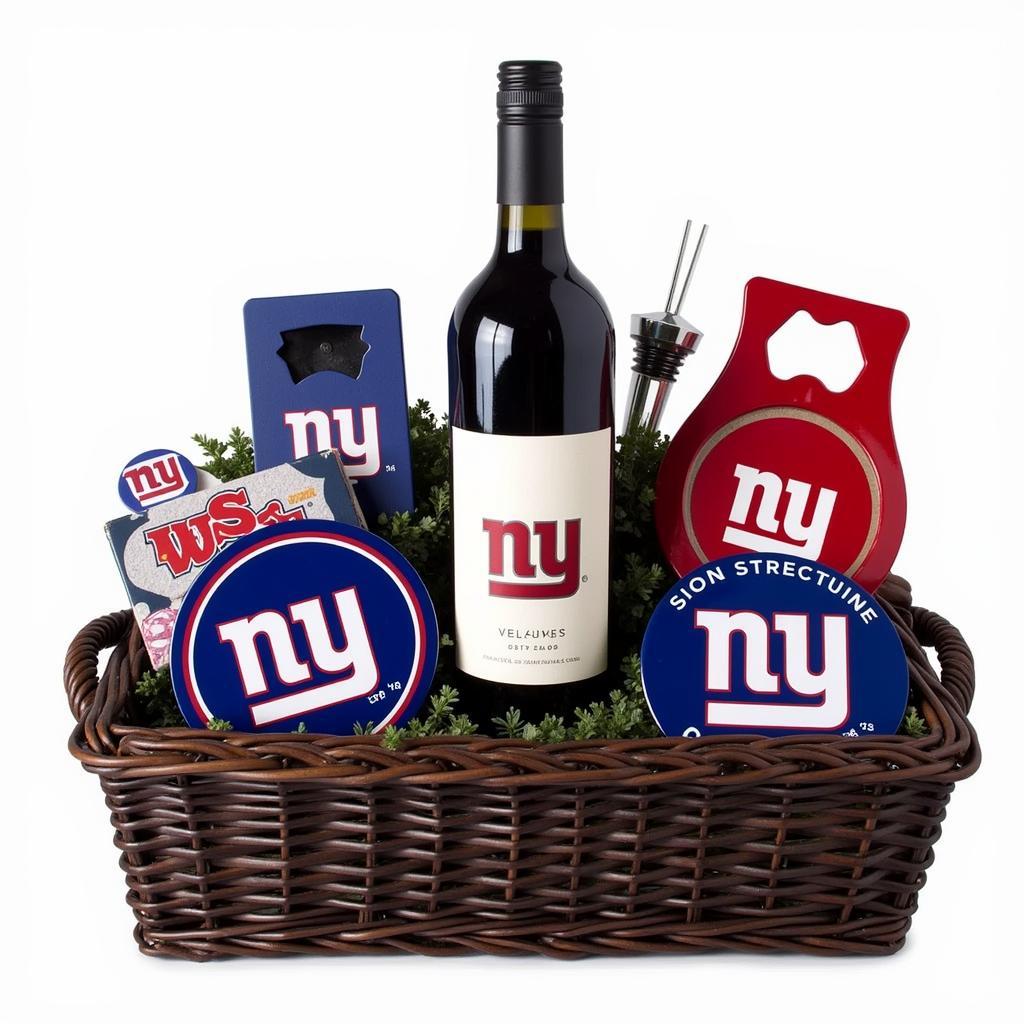 A beautifully arranged gift basket featuring NY Giants wine and themed accessories.