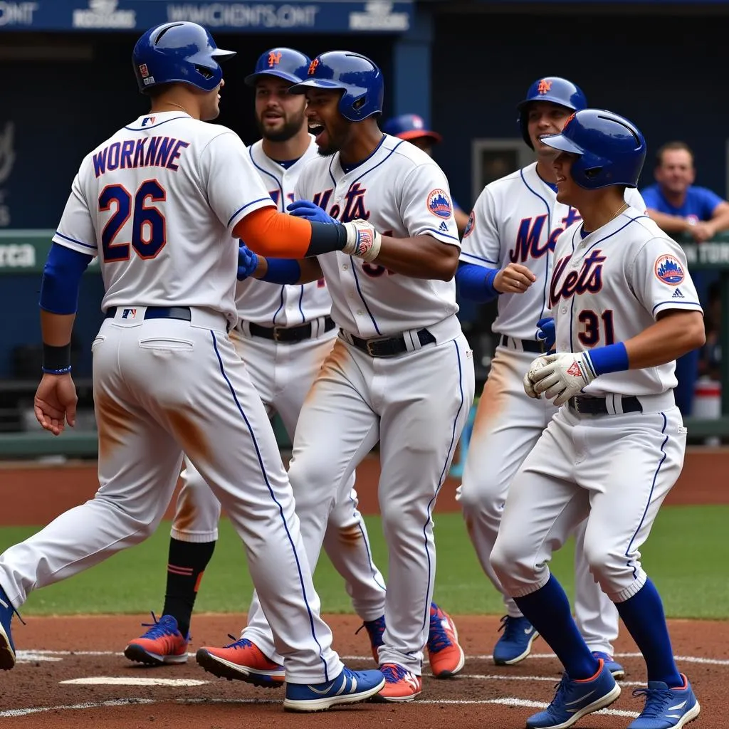 NY Mets players celebrating a home run