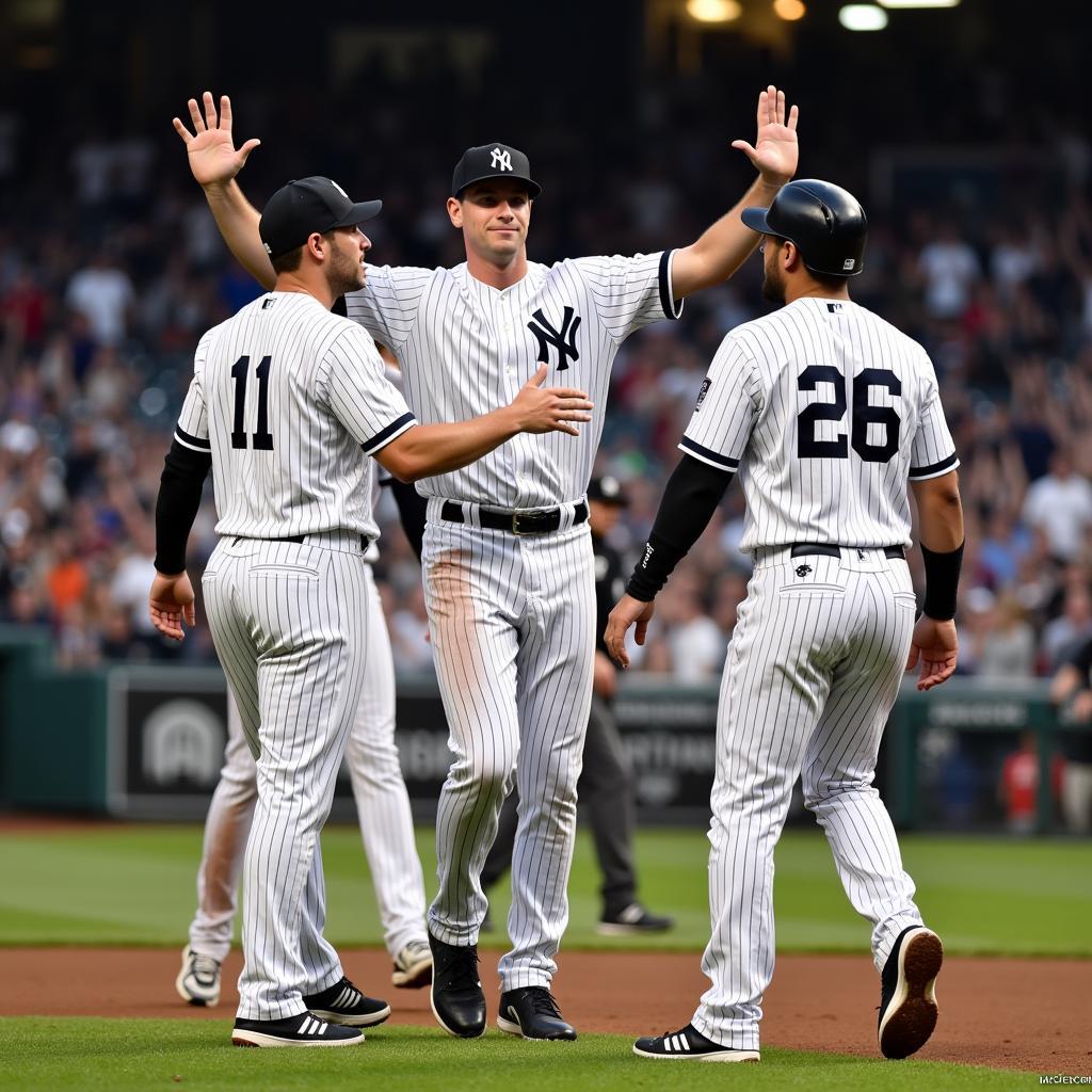 NY Yankees players celebrating a walk-off victory