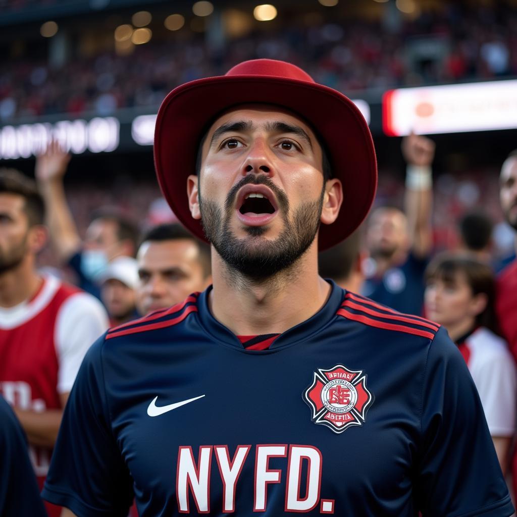 Besiktas fan wearing a NYFD job shirt at Vodafone Park