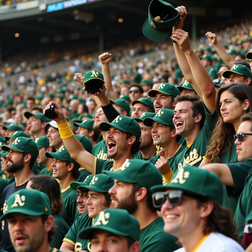 Oakland Athletics fans sporting their green and gold hats at a game.