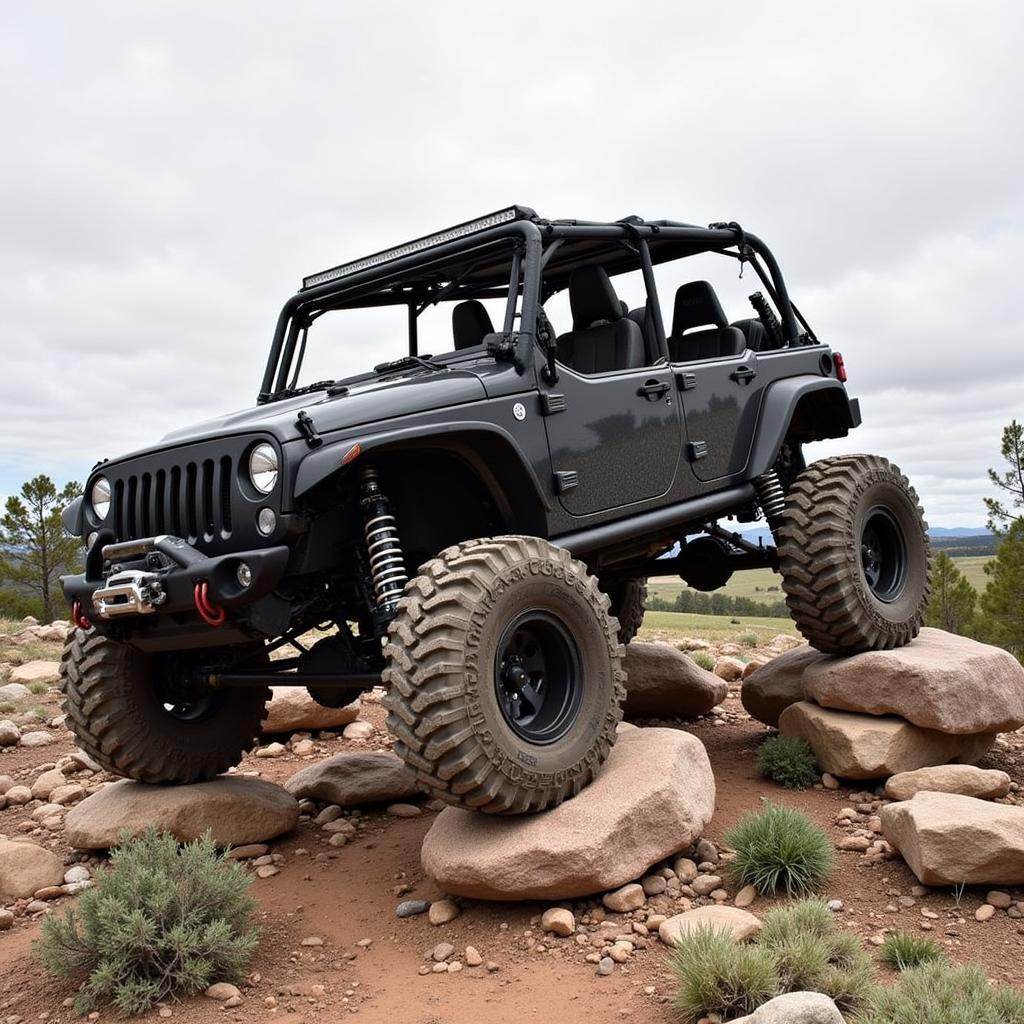 Off-road vehicle equipped with a hard dog roll bar navigating rocky terrain