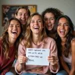 Friends laughing at offensive birthday card