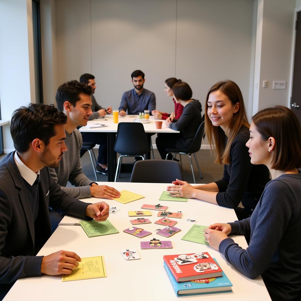 Colleagues engaging in office tie breaker challenges