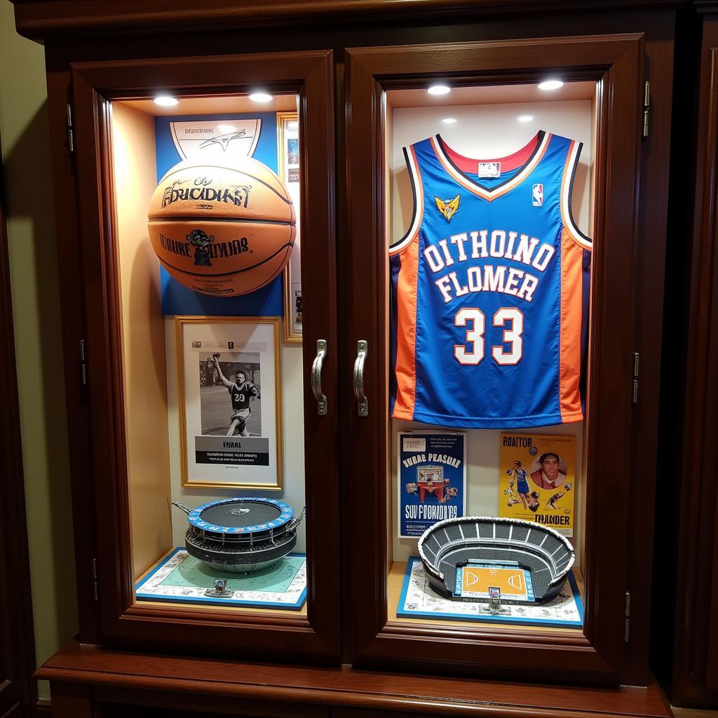 A display case showcasing various OKC Thunder memorabilia items.