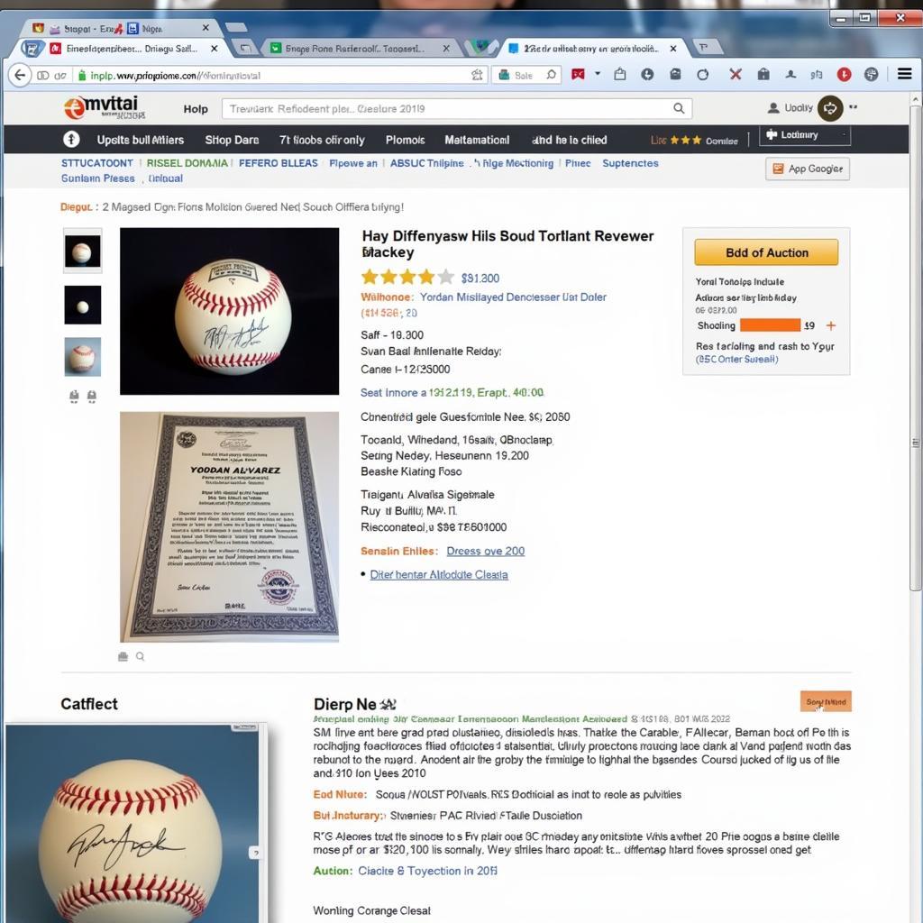 A screenshot of an online auction for a Yordan Alvarez signed baseball, highlighting the bidding history and seller information.