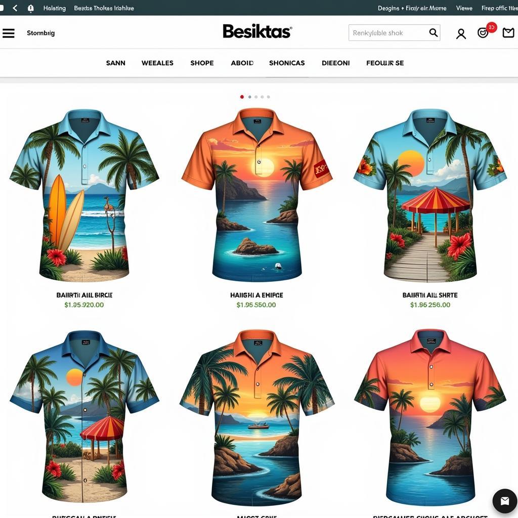 Online shopping website displaying a variety of Besiktas tee shirts with Hawaiian themes.