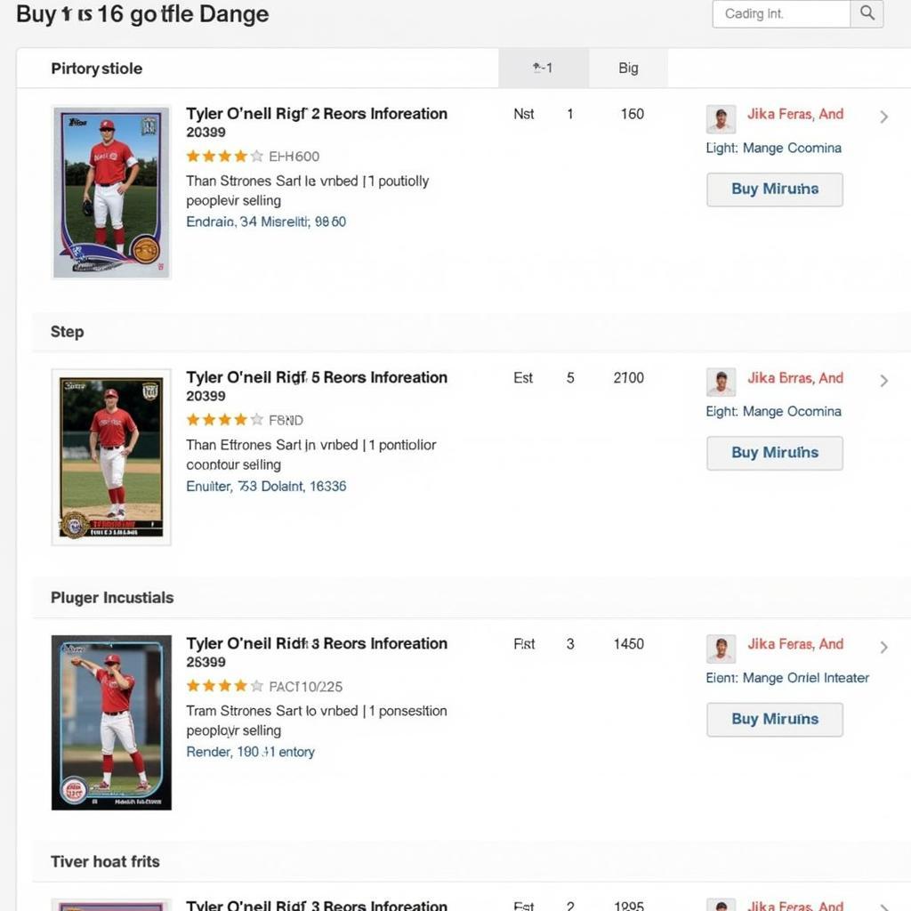 Screenshot of an online marketplace listing of various Tyler O'Neill rookie cards, showcasing different sellers, card conditions, and prices.