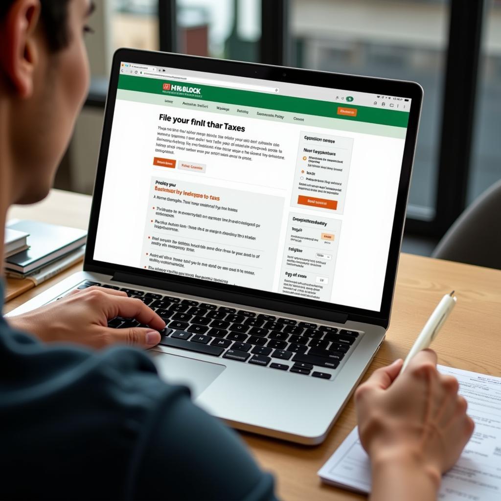 Person filing taxes online using H&R Block's website