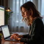 Woman using a laptop to search an online white pages directory.