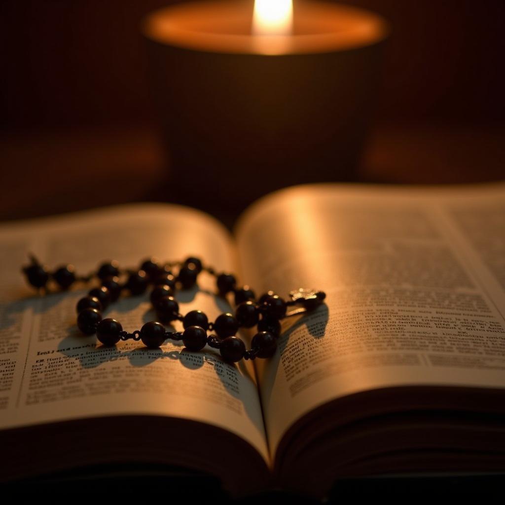 Open Book with Rosary and Candlelight