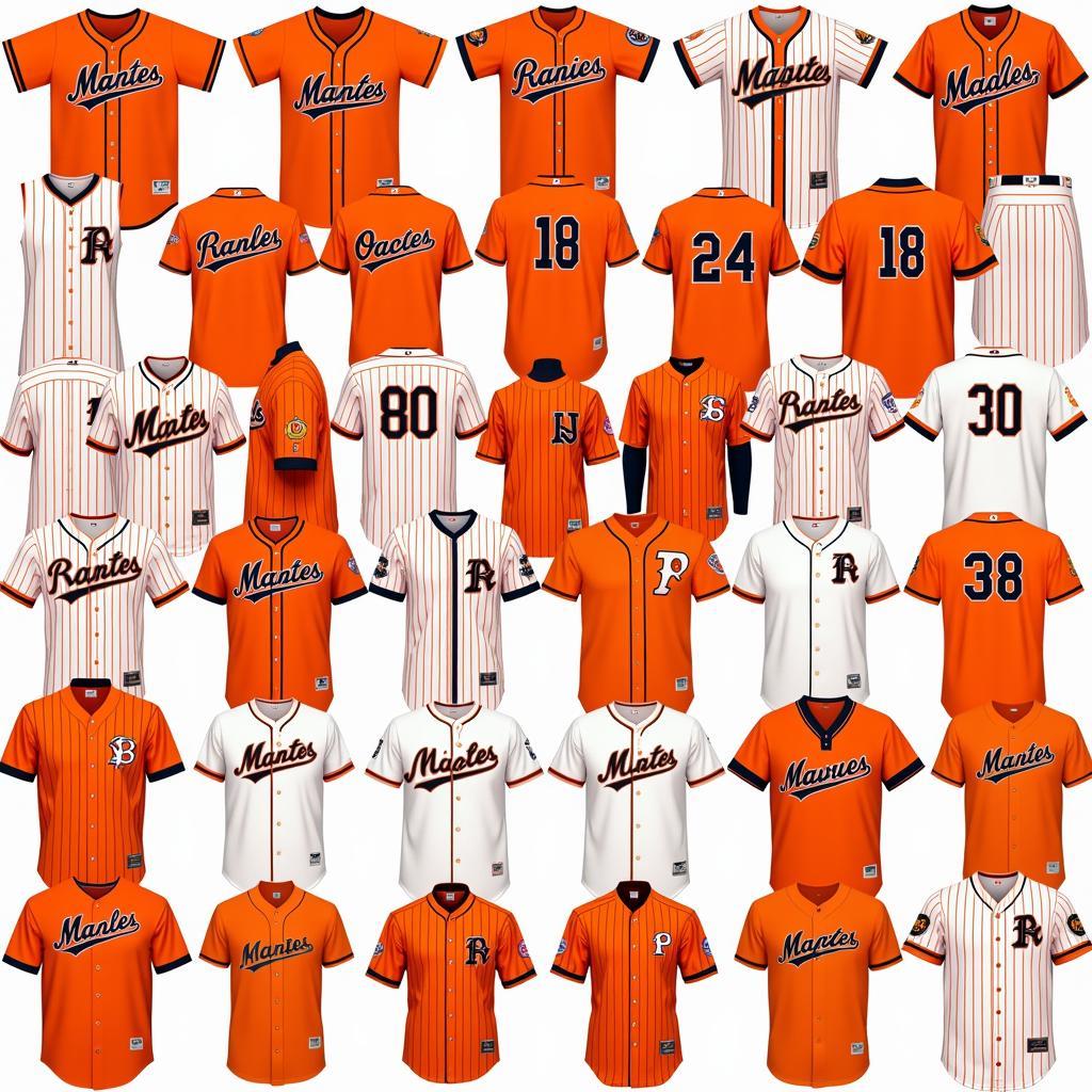 A collection of orange and white baseball jerseys.