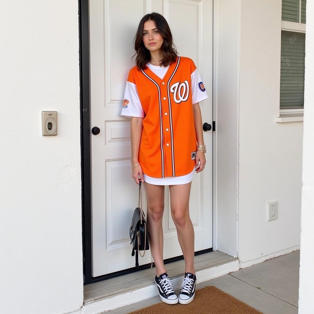 A person wearing an orange and white baseball jersey as part of a casual streetwear outfit.