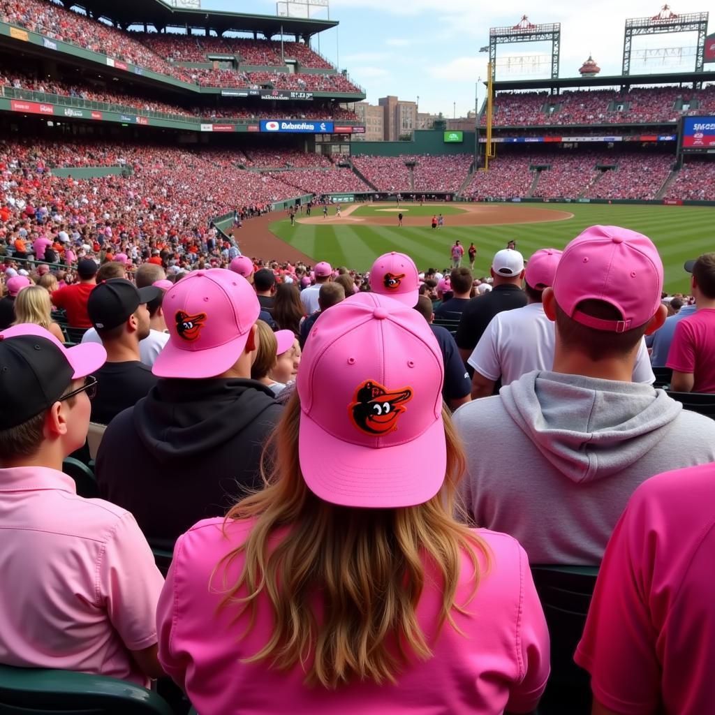 Baltimore Orioles fans sporting pink hats at Camden Yards