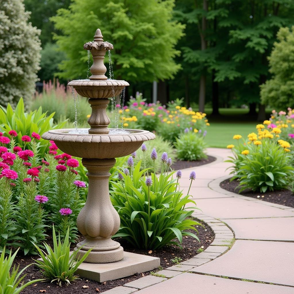 Outdoor Tall Water Fountain Along a Garden Pathway