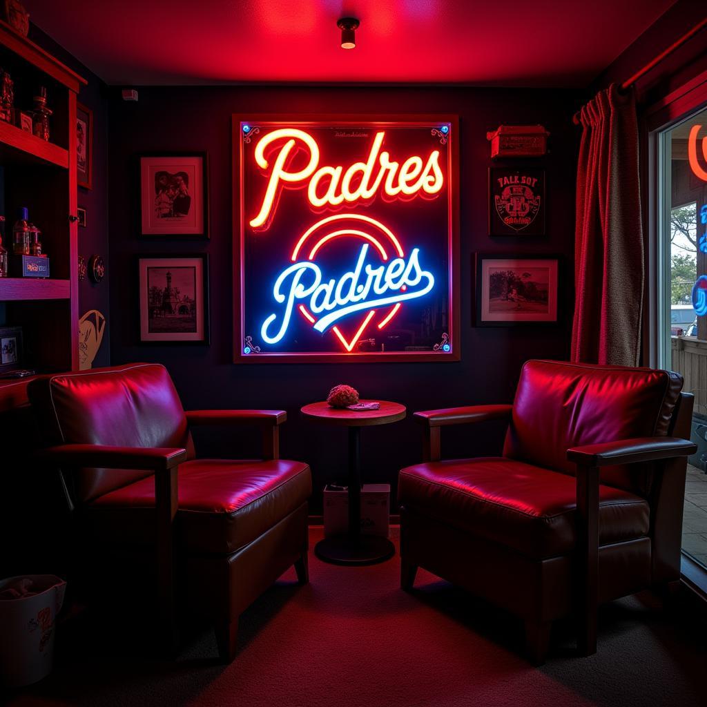 Padres neon sign illuminating a man cave