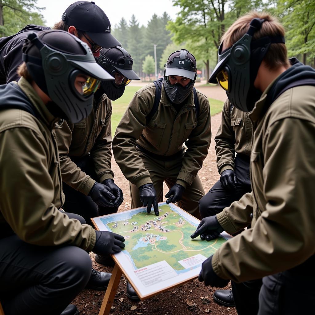 Team discussing paintball strategy before a game in Sarasota