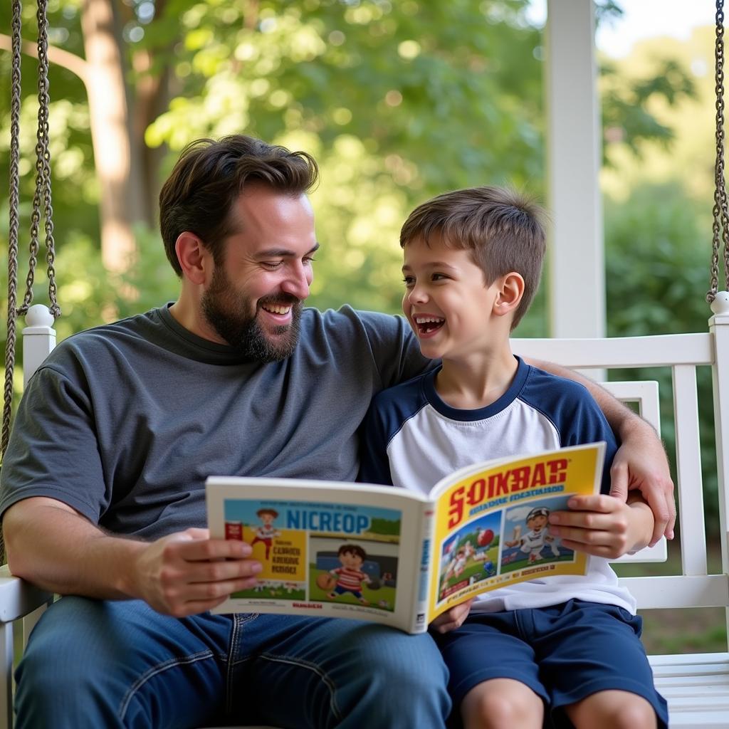 A parent and child enjoying a Sports Illustrated Kids book together.