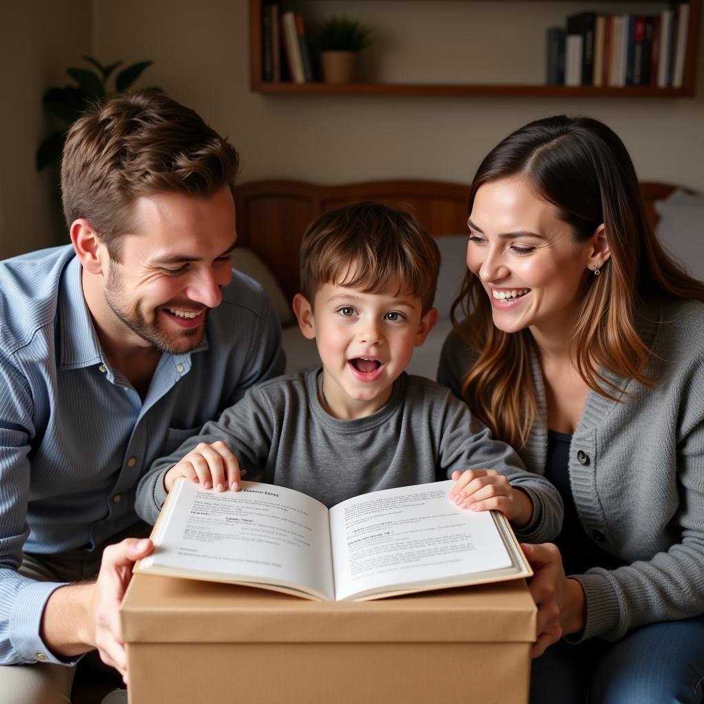 Parents presenting their twin boys with a personalized book.