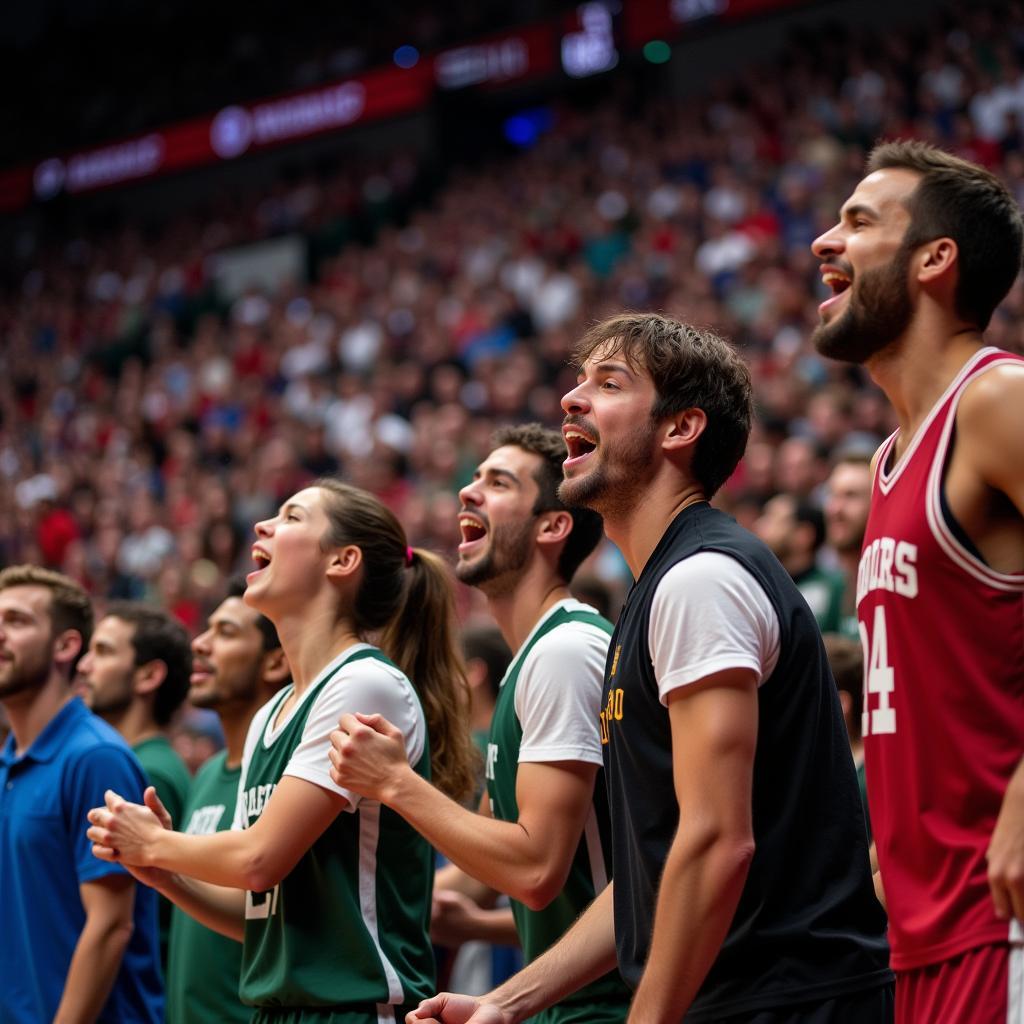 Diverse Crowd Cheering at International Basketball Game