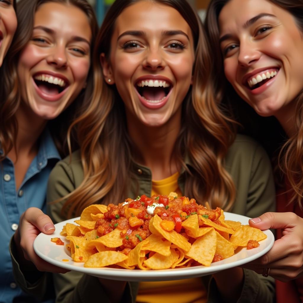  A group of friends laughing and enjoying a plate of Hot Cheetos Nachos together.