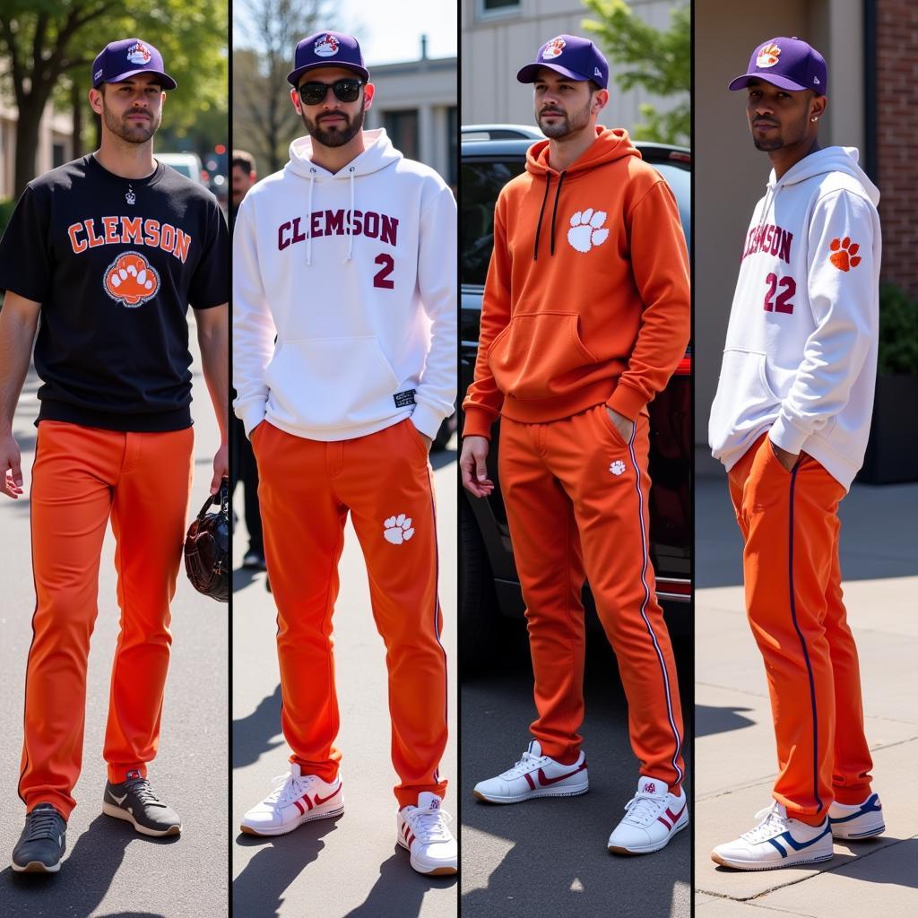 Individuals sporting Clemson cut pants in everyday settings.