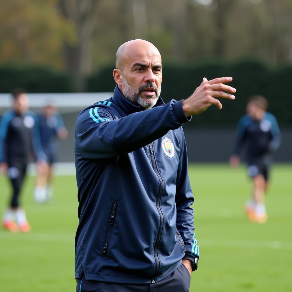 Pep Guardiola directs Manchester City players during training