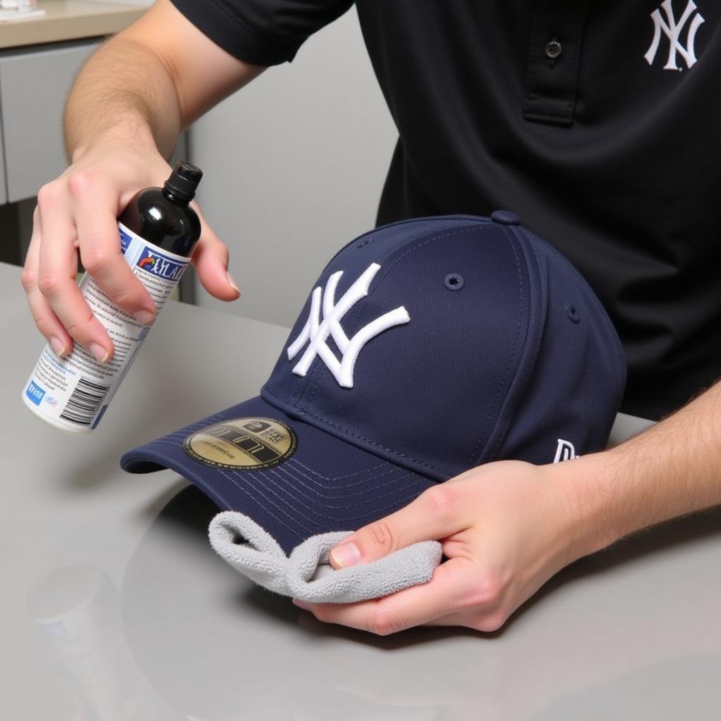 Person Cleaning a Customized New York Yankee Hat