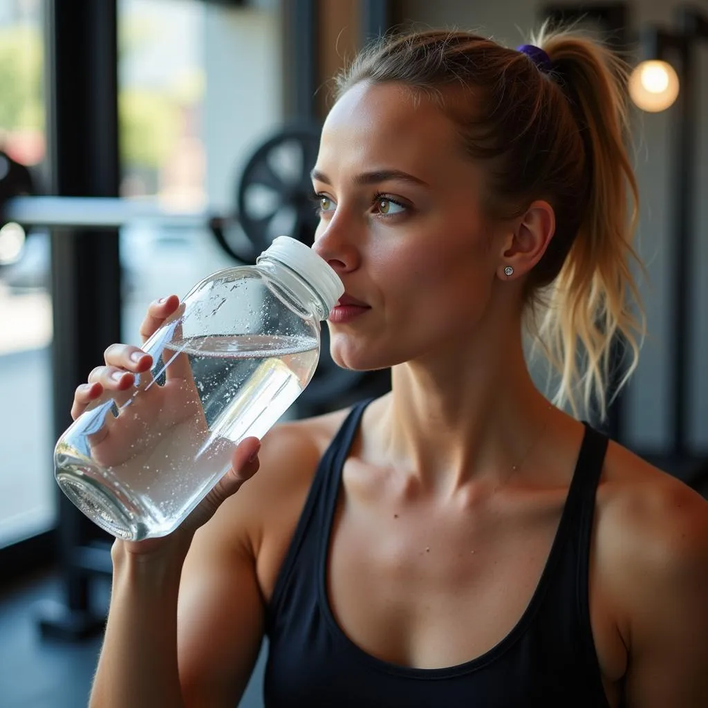 Person drinking water from glass half gallon water bottle after workout