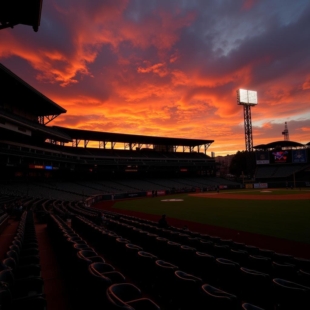 Silhouette of Petco Park's northeast corner against a vibrant sunset