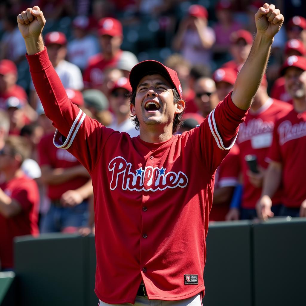 A Phillies fan excitedly celebrates while wearing a Kyle Schwarber jersey.