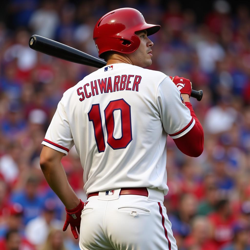 Kyle Schwarber in his home white Phillies jersey during a game