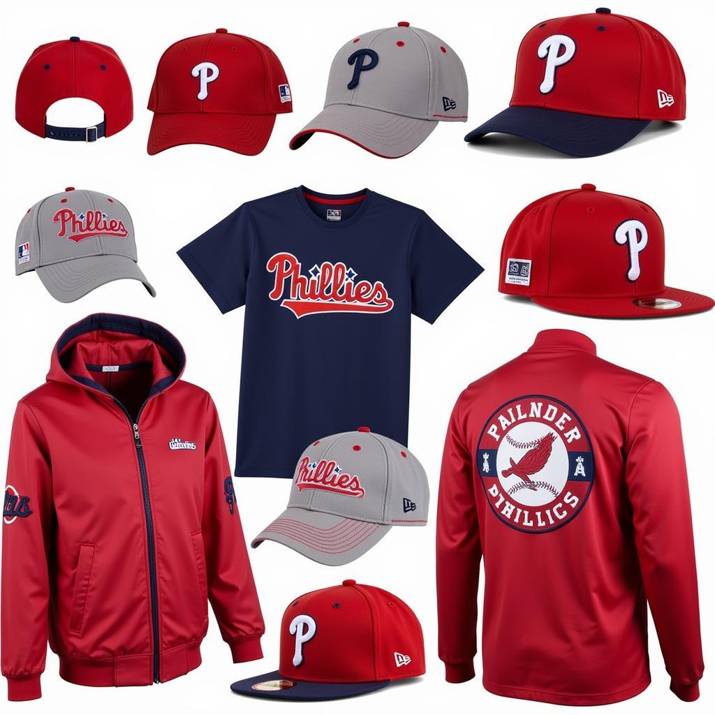 A collection of Phillies apparel and merchandise featuring vintage logos