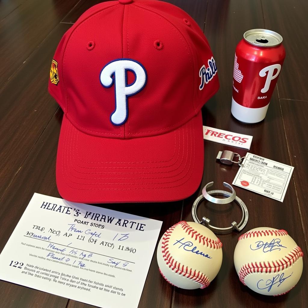 A display case featuring a Phillies World Series 2008 hat and other memorabilia