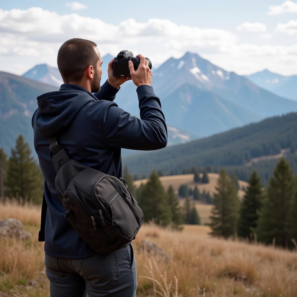 Photographer Using Shoulder DSLR Camera Bag