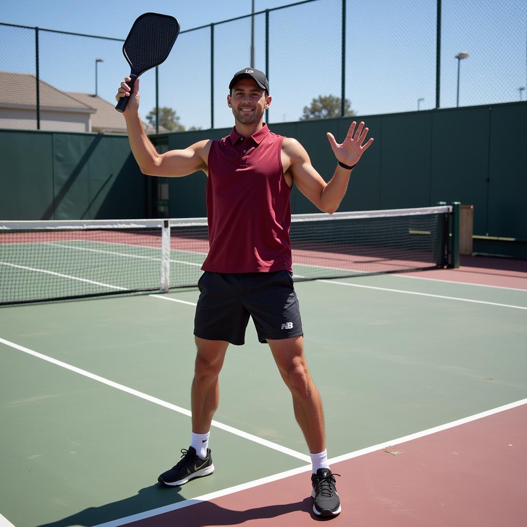 Pickleball player serving with a giant pickleball paddle