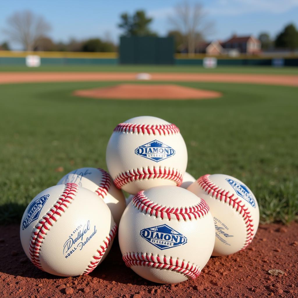 Pile of Diamond Little League baseballs on a baseball field