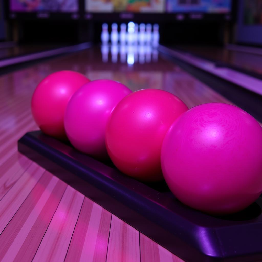 Pink bowling balls lined up on a lane, ready for action