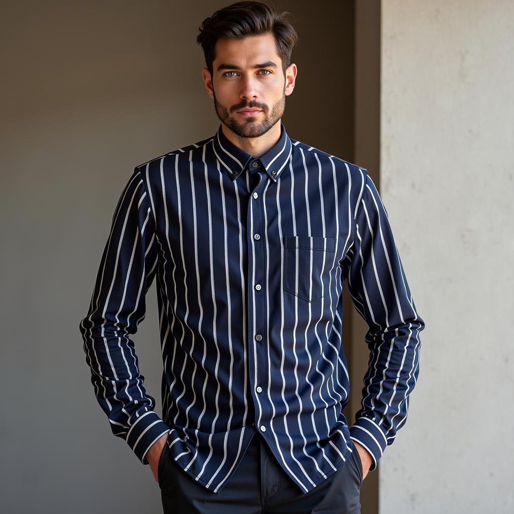 A contemporary fashion model sporting a pinstripe baseball shirt