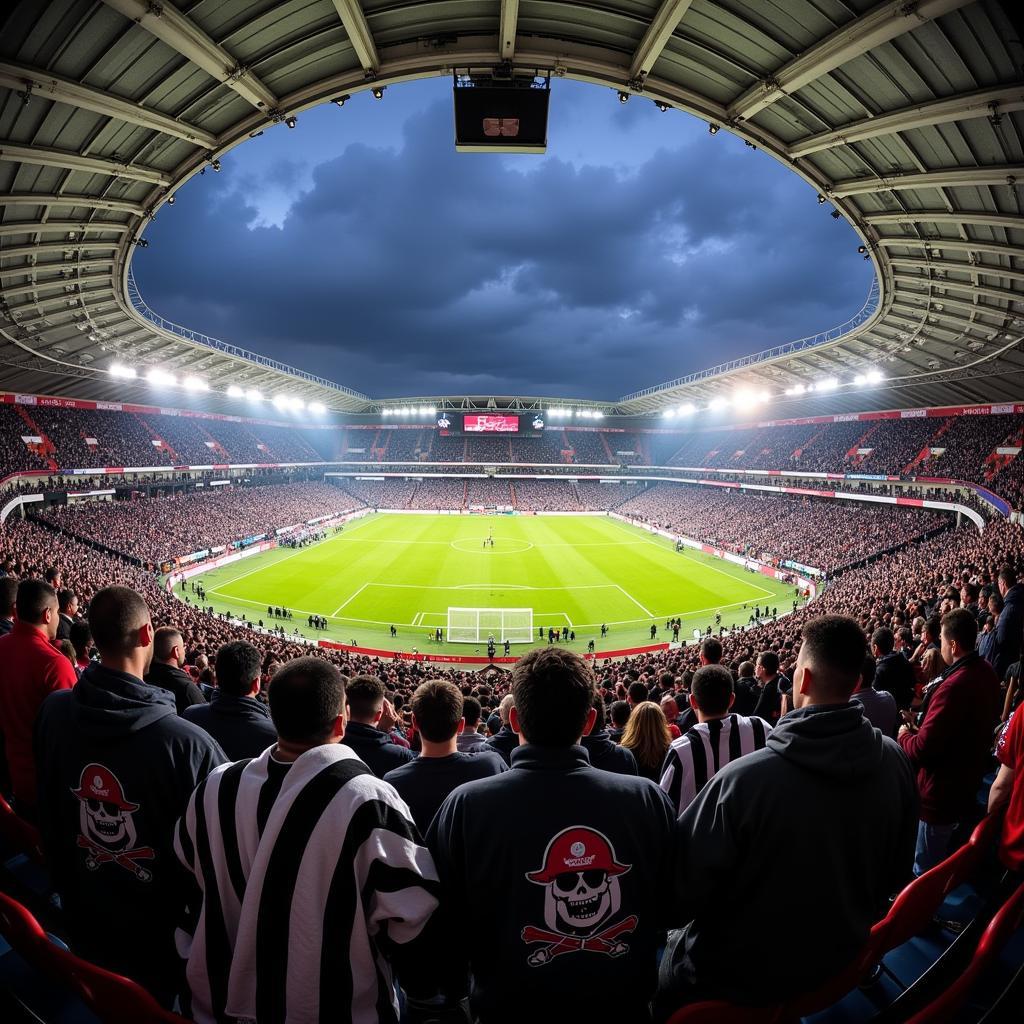 Beşiktaş fans waving pirate blankets in the stadium