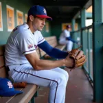 Pitcher applying ice sleeve to his arm